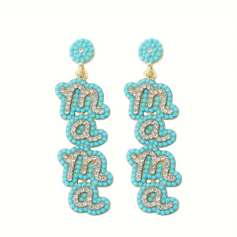 Baby shower Mama blue seed beads and clear rhinestones drop earrings baby boy
